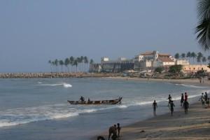 The beach near Cape Coast, Biriwa Beach, a scene from Drumbeats where Jess goes with Jim after the horrors of visiting the old slave castle